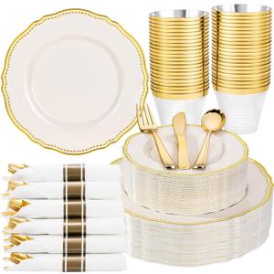 Hioasis 175pcs Ivory Gold Plastic Plates - Gold Plastic Dinnerware Set Includes 25 Dinner Plates, 25 Dessert Dinnerware, 25 Cups, 25 Napkins Perfect for Wedding & Party