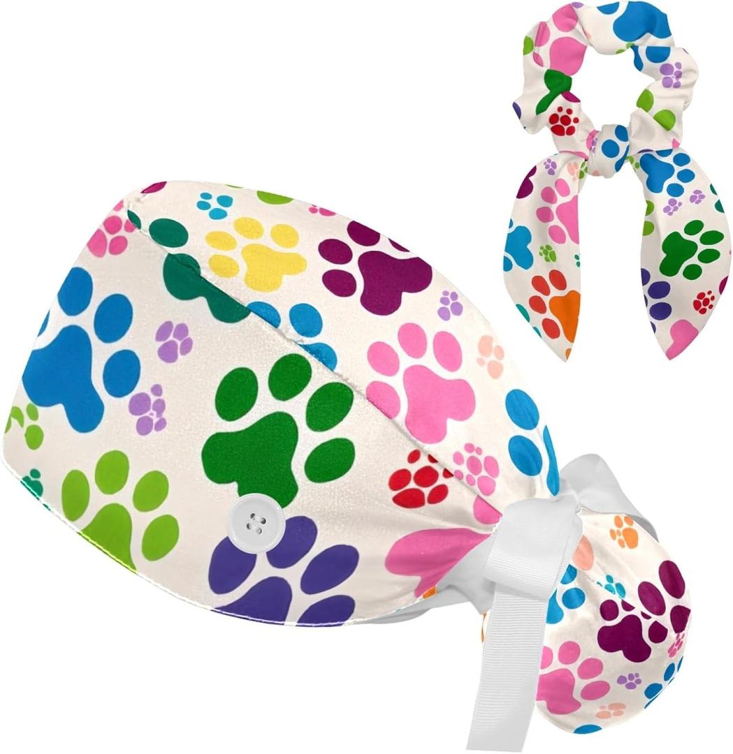 Womens Working Cap Scrub Hats with Bow Scrunchies, Cute Colorful Dog Silhouette Bouffant Surgical Cap Ponytail Holder (L)