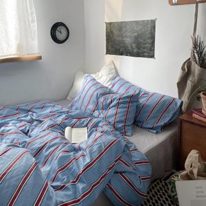 mixinni Vintage Striped Blue Duvet Cover Full - 100% Cotton Red Stripes 3-Piece Bedding Duvet Cover Set with Zipper Closure, Soft & Breathable Retro Design for All Seasons (Full Size)