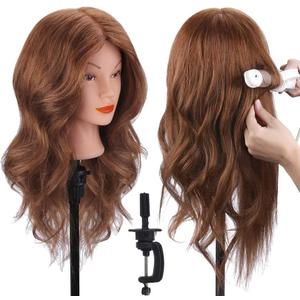 Mannequin Head with 100% Human Hair, TopDirect Real Hair Cosmetology Mannequin Head Hair Styling Hairdressing Practice Training Doll Head with Clamp Holder and Tools (Dark Brown)