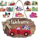 Interchangeable Seasonal Red Truck Welcome Sign for Front Door Porch Decor with 12 Holiday Icons Rustic Farmhouse Wooden Decorations Home Wall Hanging 4th of July
