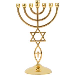 BRTAGG Gold Plated Messianic Menorah Israel 7 Branch Jewish Candle Holder Holy Land Israel Gifts Messiah Candlestick Decorations Decor