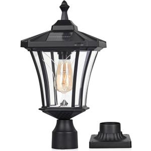 Solar Post Light Outdoor, ST4339Q Dusk to Dawn Vintage Solar Lamp Post Light with Pier Mount Base Wireless Aluminum Black Waterproof, Fence Pole Light with Pattern Glass for Yard Patio Garden Entryway