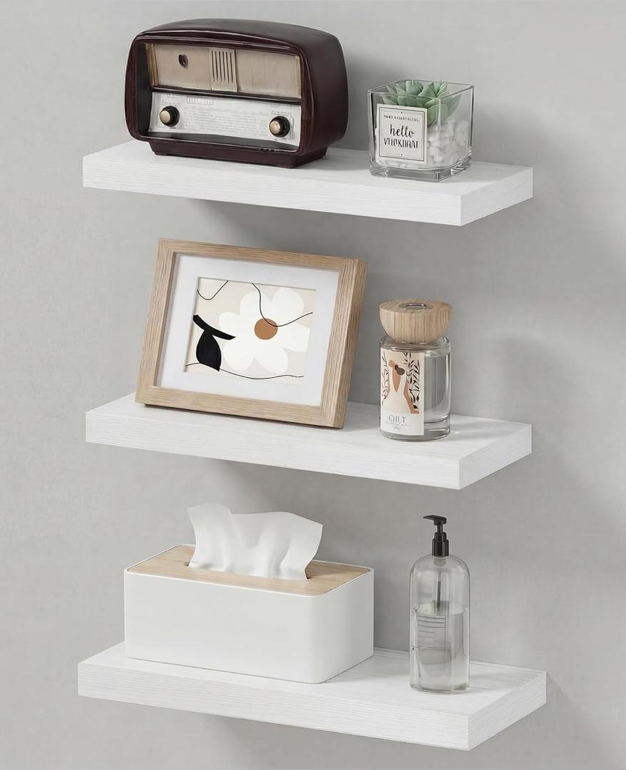 Easy Install Floating Shelves, 15.7 Inch Wall Mounted Wooden Shelf, Small Hanging Shelf for Home Decor, Books and Storage, Organizer for Bedroom, Bathroom, Kitchen, Set of 3, White