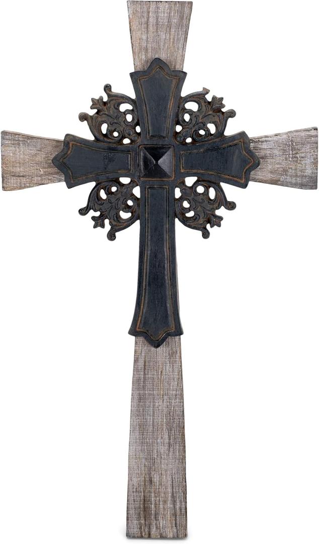 Dicksons Antiqued Intricate Double Layer 15 Inch Wood and Metal Decorative Hanging Wall Cross