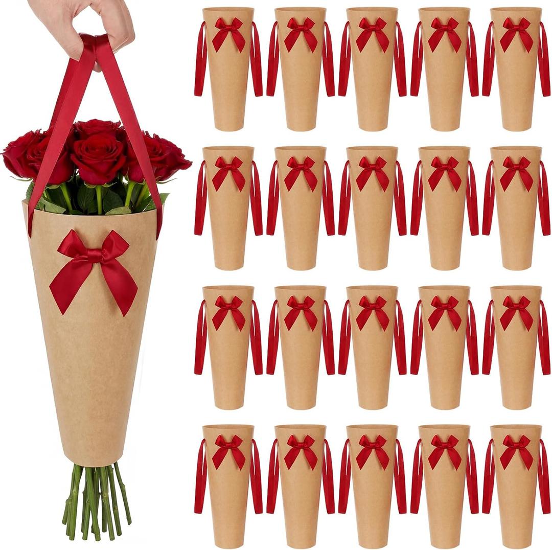 Mooliwe 20 Pcs Mother's Day Flower Bouquet Bags Kraft Paper Flower Gift Bag with Ribbon Handle Floral Bouquet Holder for Mom Teacher Gift Mother's Day Wedding Graduation Florist Supplies(Brown, Red)
