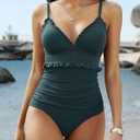 Charmo Frill Trim Ribbed One Piece Swimsuit Women Ruffled Ruched Tummy Control Bathing Suit (XL)