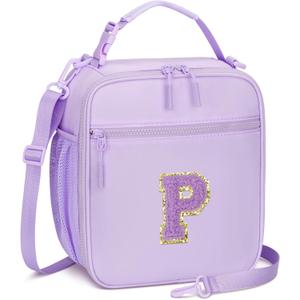 Initial Insulated Lunch Bag for Girls Kids, Back to School Gift, Reusable Leak-proof Lunch Box with Adjustable Strap for School Daycare Travel Picnic (Purple,P)