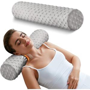 Memory Foam 4" Round Pillow, Cervical Neck Pillow for Pain Relief, Cylinder Pillows 18"x 4", Removable Cover, Neck Roll Pillow for Sleeping, Velvet Dots, Grey