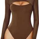 Avidlove Bodysuits for Women Round Neck Shapewear Bodysuit Long Sleeve Bodysuit Sexy Mesh Top Double Lined Cutout Shirt (Medium, Brown)