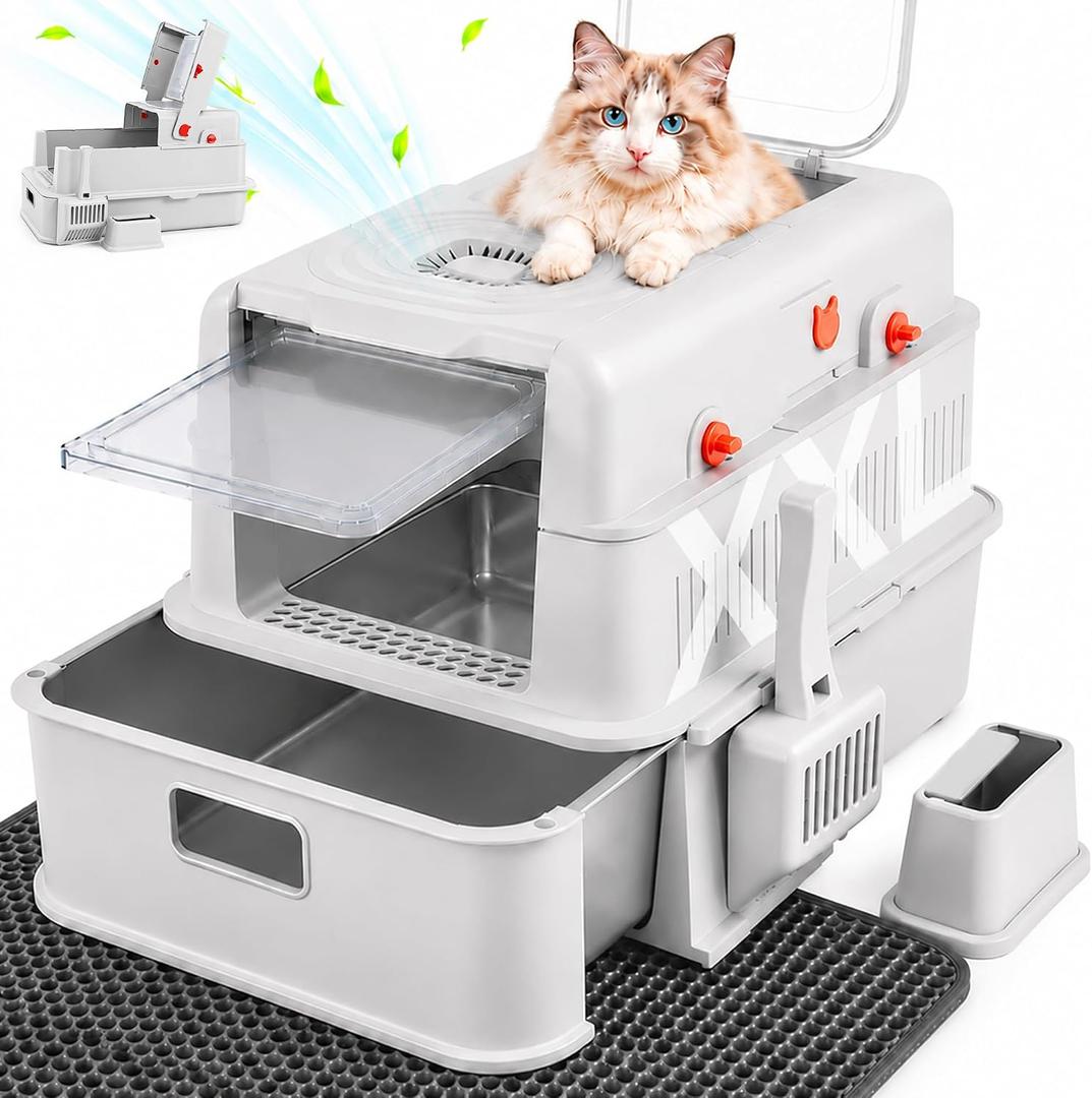 XXL Stainless Steel Litter Box with Lid，Gray