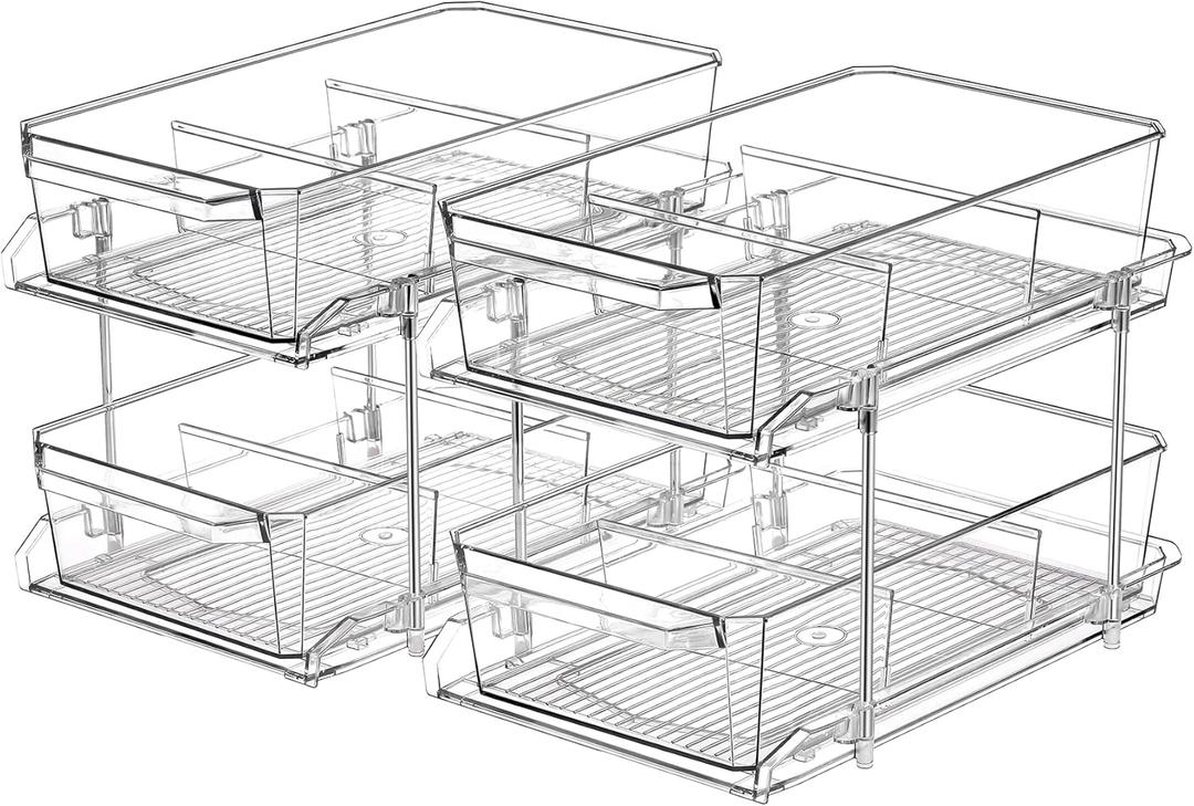 2 Set, 2 Tier Clear Organizer with Dividers for Cabinet, Shlef, Counter - MultiUse Slide-Out Storage Container - Kitchen, Pantry, Medicine Cupboard Bins, Bathroom, Vanity Makeup, Under Sink Organizing (8" W - 2 Set)