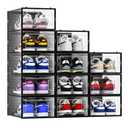 12 Pack Shoe Storage Bins, Clear Plastic Stackable Shoe Organizer for Closet, Space Saving Foldable Shoe Rack, Shoe Box Sneaker Holder Container, Black Frame