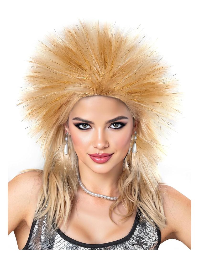 Spooktacular Creations Halloween Blond Spiked Rock in Roll Wig with Earrings and Necklace,80s Diva Wig Women Rockstar for Adult Big Spiky Hair Blond Rock Star Costume Cosplay Dress-up Party Accessory (Gold)