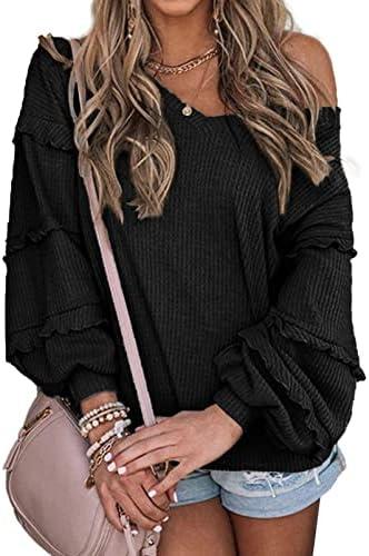 BTFBM Women's V Neck Long Sleeve Blouse Loose Fit Tunics Ruffles Off Shoulder Waffle Knit Solid Color Tops Fall Tee Shirts Size L