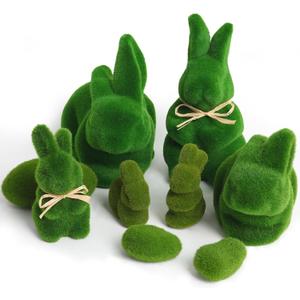 2 x 9pcs Easter Moss Bunny Decorations for Home, Includes 6 Green Faux Moss Bunnies and 3 Green Faux Moss Stones for Easter Mantel Table Decorations, Flocked Bunny Figurines for Spring Decor