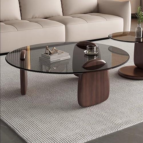EASYSOUL Modern Round Coffee Table with Glass Top, 27.56" D x 27.56" W x 14.69" H, Circular Tea Tables for Living Room Home Office Industrial Cocktail Tables (Walunt-Grey Glass/27.56")