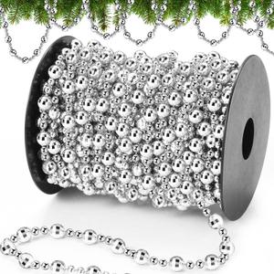 Pangda 49 ft Beaded Garland for Christmas Tree Plastic Artificial Pearl Strands String Beads Trim Roll Chain for Xmas DIY Craft Party Decoration Table Centerpiece Wedding Bouquet(Silver)