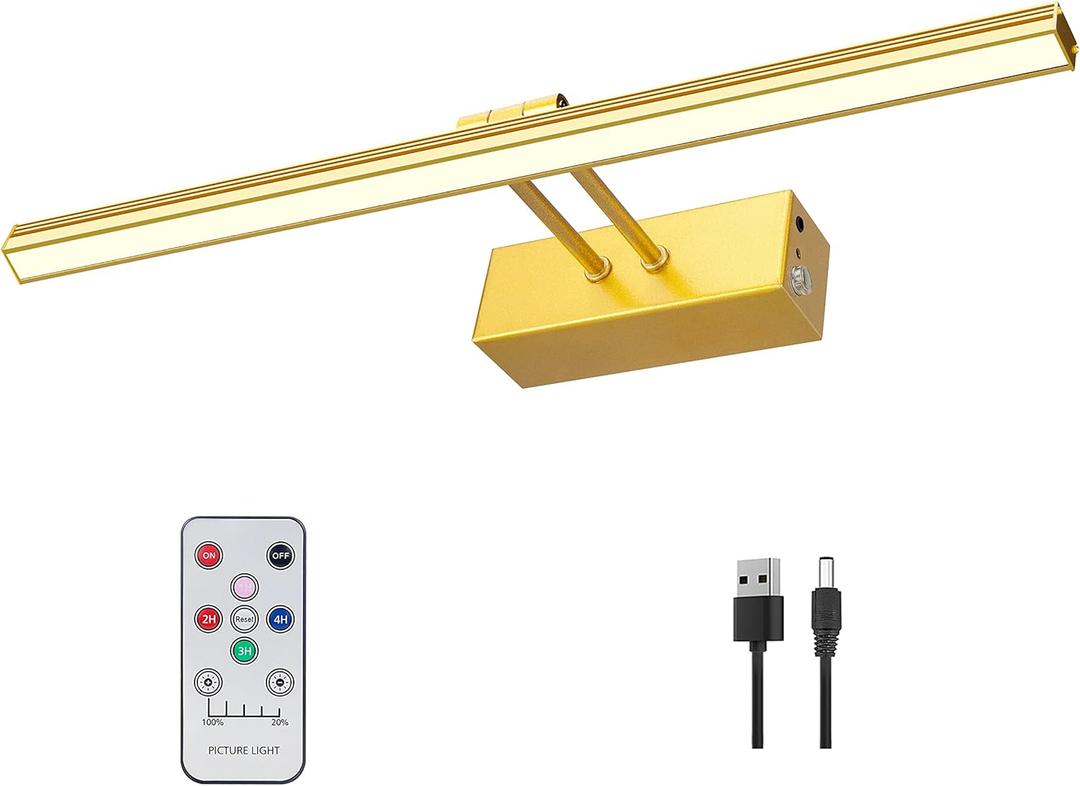 FUNCHDAY Picture Light,5000mAh Battery Operated Picture Light for Wall,Wireless Remote Painting Light with Timer and Dimmable,16Metal Art Light for Display,Wall,Artwork,Portrait,Gallery -Brass