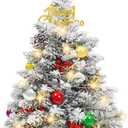 Unves 24 Inch Tabletop Mini Christmas Tree Set,Small Snow Flocked Prelit with Warm LED Lights,Star Treetopper,Plastic Pine Cones,Berrys and Hanging Ornaments for DIY Decorations
