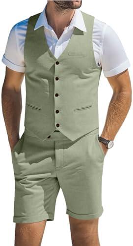 Men's Suits Linen 2 Piece Vest Short Pant Summer Beach Wedding Suit for Men | Prom Party Slim Fit Waistcoat Set Outfit Casual Groomsmen Lightweight Cooling Business Banquet Tuxedos Formal Dress Suit, XL