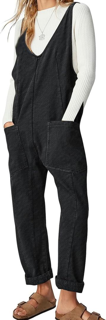 EXLURA Womens High Roller Denim Bib Jumpsuits Casual Loose Sleeveless Baggy Overalls Jeans Pants Jumpers with Pockets (Black)