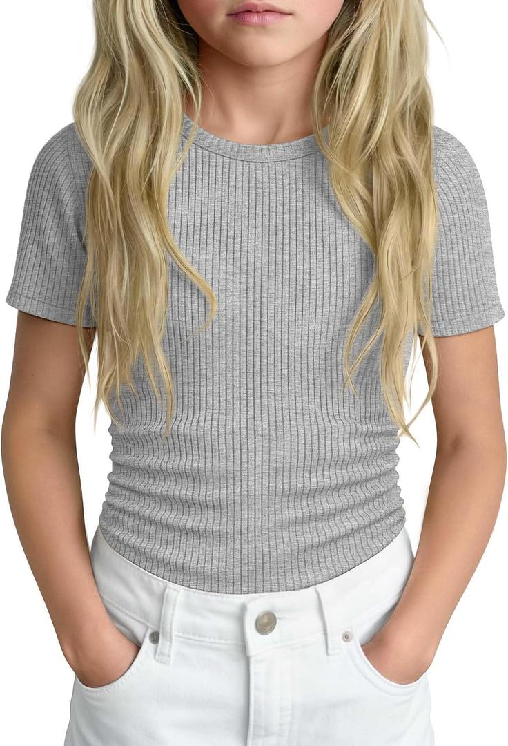 Girls' Shirt Short Sleeve Basic Top Tween Summer Ribbed T-Shirt Teen Cute Fitted Soft Tee for Kids Aged 5-14