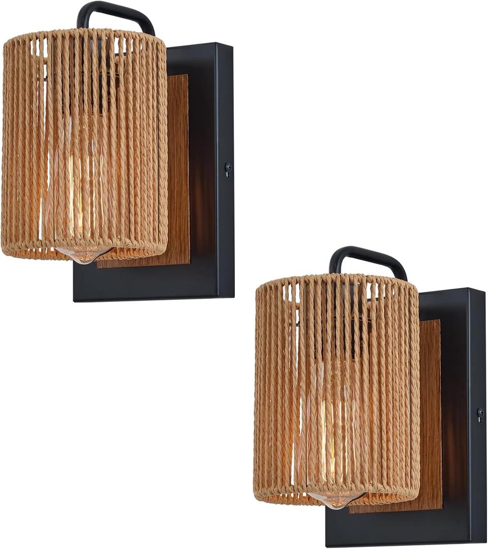 Boho Rattan Wall Sconces Set of Two, Farmhouse Wall Light Fixtures Lighting with Hand Woven Hemp Rope Shade Bedside Wicker Wall Lamp, Wall Mount Light Fixture for Bedroom Living Room Bathroom Stairway