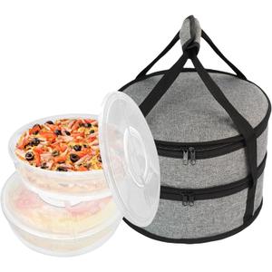 12" 2 Pack Pie Carrier with Lid and Insulated Food Carrying Case Bag, Reusable Food Storage Containers for Pies, Cheesecake, Pizza, Nuts Fruit (Light gray)