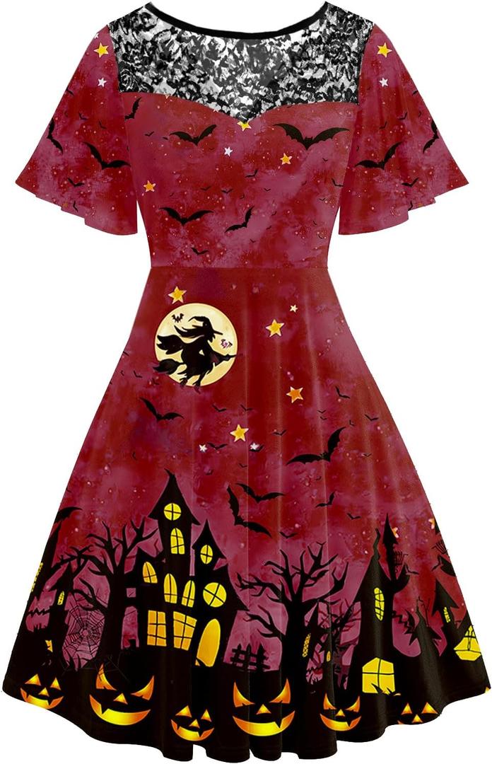 AOBUTE Women Halloween Dress Lace Flutter Sleeve A-Line Party Dresses (Castle Witch Red, XXL)
