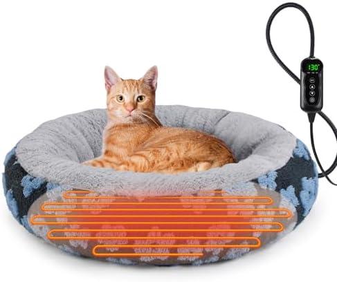 INVENHO Heated Donut Pet Bed, 20" Cozy for Indoor Cats & Small Dogs with Timer & Temp Adjustment