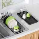 Dish Drying Rack Over the Sink Expandable In Small Black Drainer Dry for Kitchen Counter, Metal Stainless Steel Compact Dishes Drain with Tray, Space Saving Extendable Modern Plate Strainer Holder