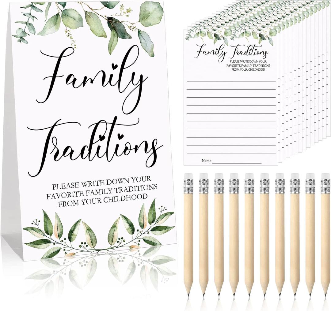 Fumete 61 Pieces Babyshower Games Include 1 Family Traditions Standing Sign and 50 Family Traditions Activities Cards with 10 Pencils(Greenery)