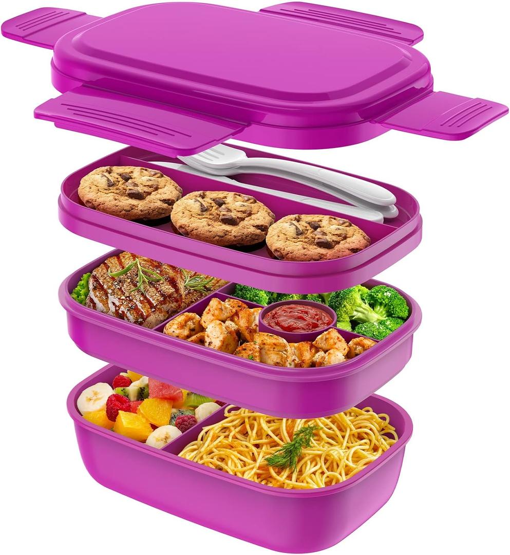 Modern Adult Lunch Box, Stackable Lunch Containers, Minimalist Design Bento Box with Utensil Set - Leak-Proof for Dining Out, Work, School, Picnic (Purple)