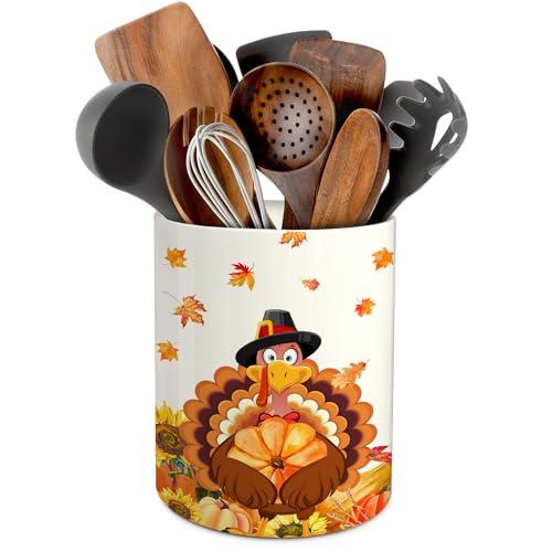 pinata Thanksgiving Kitchen Decor Ceramic Utensil Holder, Cute Thanksgiving Turkey Utensils Holder, Ceramic Utensils Crock for Rustic Farmhouse Indoor Kitchen Decorations (6.3 Inches)
