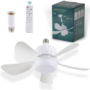 Socket Fan Light with Remote, Dimmable LED Ceiling Fans with Lights, 15" Screw in Socekt Fans and Socket Extender, 3 Colors 3000K-6500K, Replacement Light Bulb Fan for Kitchen Garage Bedroom, White