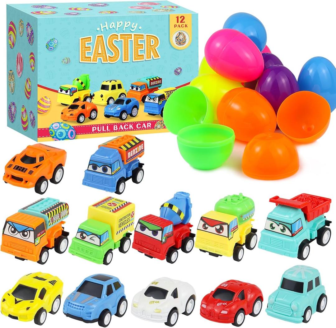 12PCS Pull-Back Cars Kit Gifts for Kids with Eggshell Shaped Gift Packaging Easter Party Favor Prize Classroom Rewards Toys for Boys Girls Teens