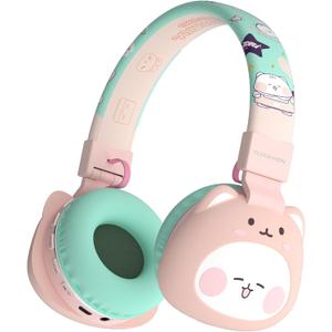 Kids Bluetooth Headphones, 85dB Volume Limit, Ultra-Soft Over-Ear, Built-in Mic, Foldable,Cartoon Animal Design, Suitable for School & Travel, FM/TF/AUX Supported (Icarer, Pink Cat)