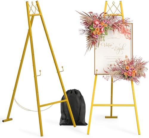 57" Gold Easel Stand for Sign, Heavy Duty Metal Easel Display Stand with Adjustable Chain and Storage Bag, 4-Tier Height Adjustable Art Easel for Wedding Signs, Birthday Party