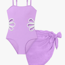 Girls Swimsuit, Adjustable Straps Cut Out One Piece Bathing Suit with Solid Color Cover Up Skirt Girls' Swimwear, Size 15-16Y