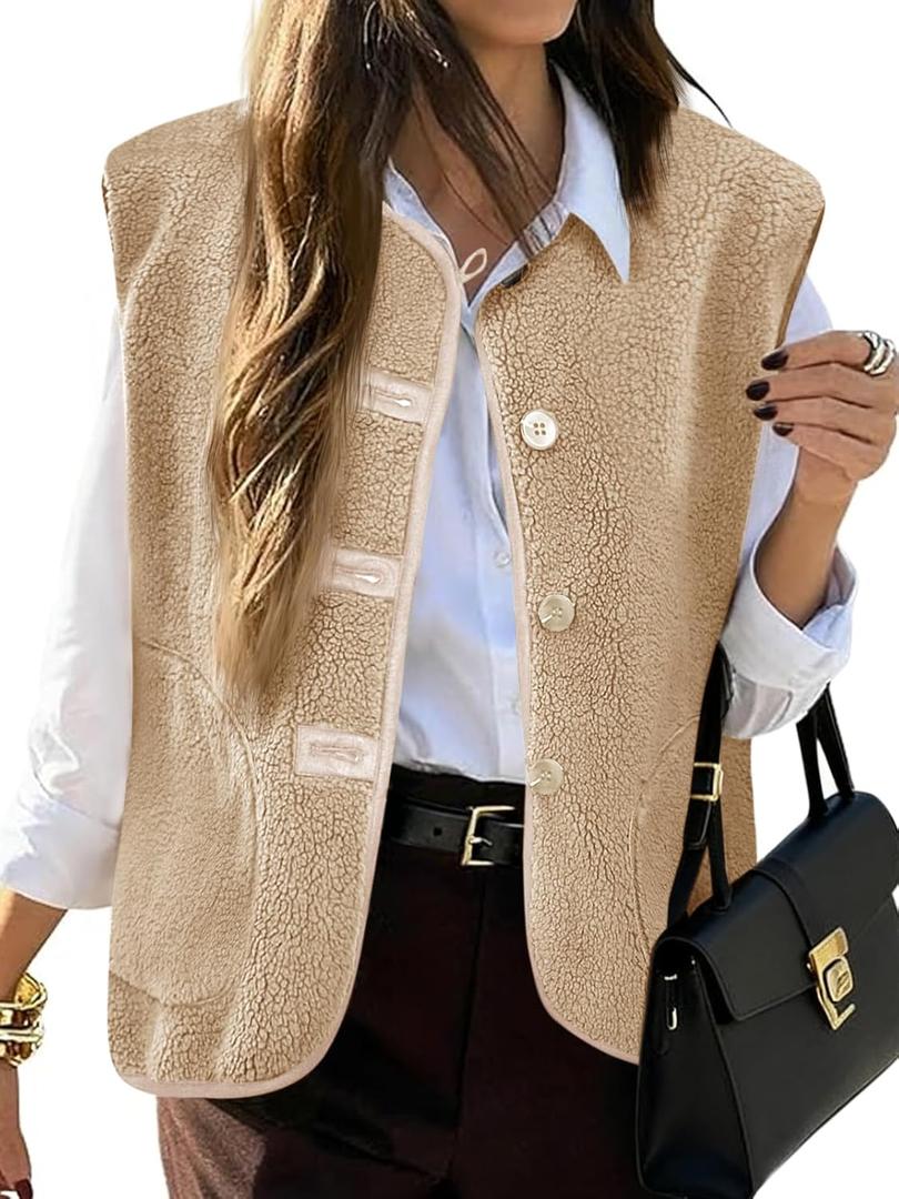 Tanakneo Womens Fuzzy Fleece Vest Sleeveless Button Down Fall Sherpa Jacket Winter Warm Old Money Outerwear with Pockets Light Khaki