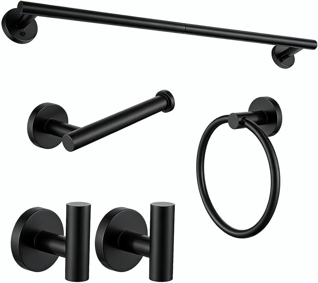 Matte Black 5 Piece Bathroom Hardware Set,SUS304 Stainless Steel Lightweight 24 Inch Bath Towel Bar Set