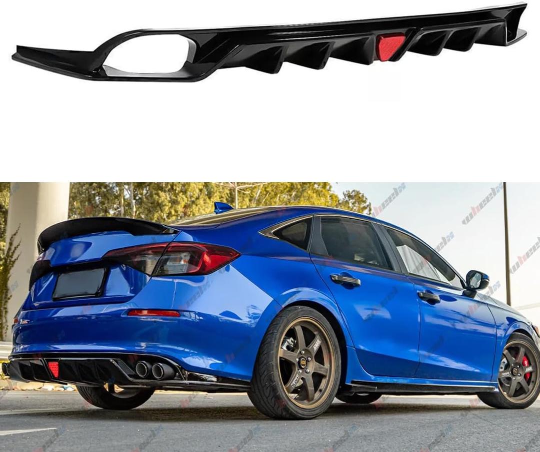 Rear Diffuser with LED Red Brake Lights Compatible with 2022-2026 Honda Civic, MC Style FE180 JDM Rear Bumper Kit Fit for EX LX Si Sport 4 Door Sedan with Pilot Lamp (Glossy Black)