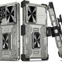 VEGO for Samsung Galaxy S25 Ultra Case, with [Belt Clip Holster] [Slide Camera Protector] [360Rotatable Ring Kickstand] Military-Grade Heavy Duty Protection Cover - Metallic Grey