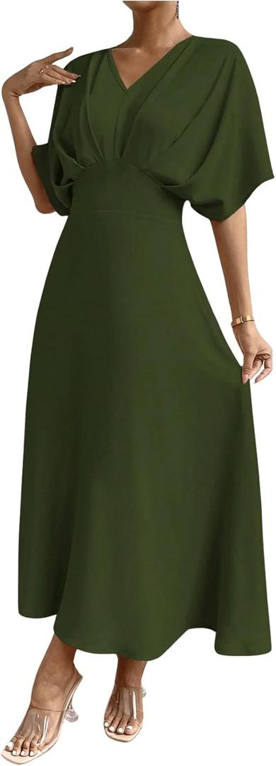 Floerns Women's V Neck Half Sleeve Ruched Cocktail Evening A Line Long Dress Army Green X-Large