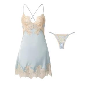 Lilosy Plus Size Curvy Sexy Silk Lace Up Backless Satin Applique Floral Lace Babydoll Lingerie Dress with Tong 2 Piece Women Panty Chemise Negligee Blue X-Large