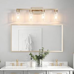 4-Light Bathroom Vanity Light, Modern Brushed Gold Wall Lights with Clear Glass Shades, Bathroom Wall Sconce Lamp for Mirror Living Room Bedroom Hallway, 28"L x 9"W x 5"H