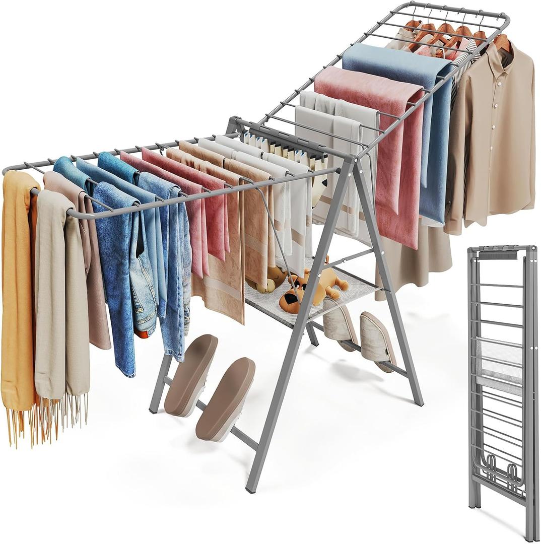 APEXCHASER Clothes Drying Rack Foldable, Metal Laundry Drying Rack Collapsible, Portable Compact Clothes Rack for Sweater Baby Clothes Towel Indoor & Outdoor, Height Adjustable Clothes Airer, Grey (Gray)