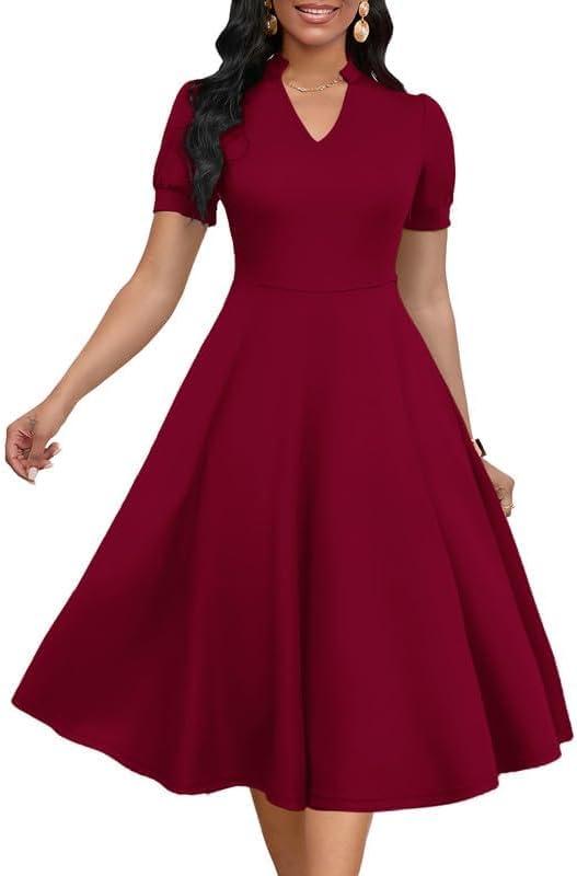 Womens Short Puff Sleeve V Neck Casual Semi-Formal Cocktail Party A-Line Dress (Medium, 017-burgundy)