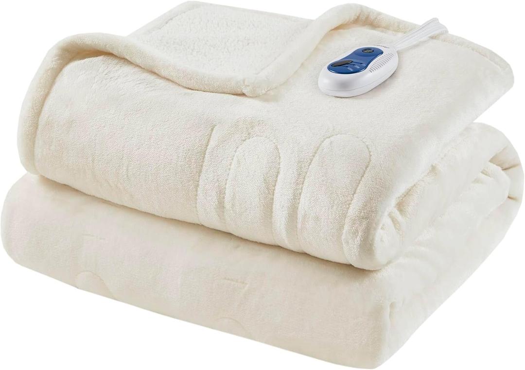 Beautyrest Heated Blanket, Electric Throw Blanket, Soft, Warm, Reversible Plush - Sherpa Heating Blanket Throw, 3 Heat Settings, 2 hr Auto Shut Off, Machine Washable, Oversized 60 in x 70 in, Ivory